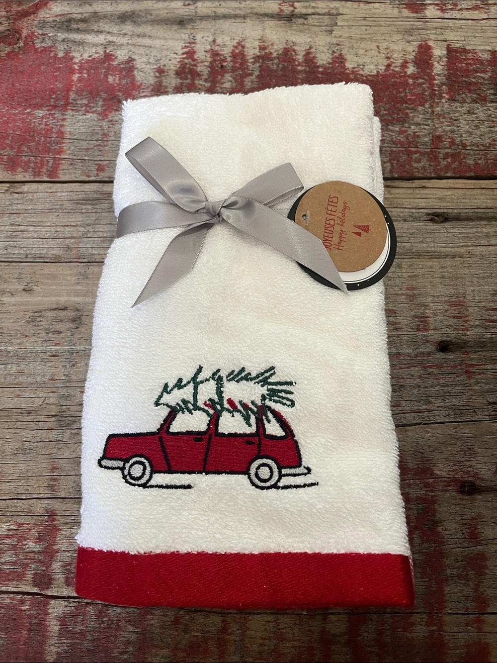 Holiday Car & Tree Embroidered White Hand Towel